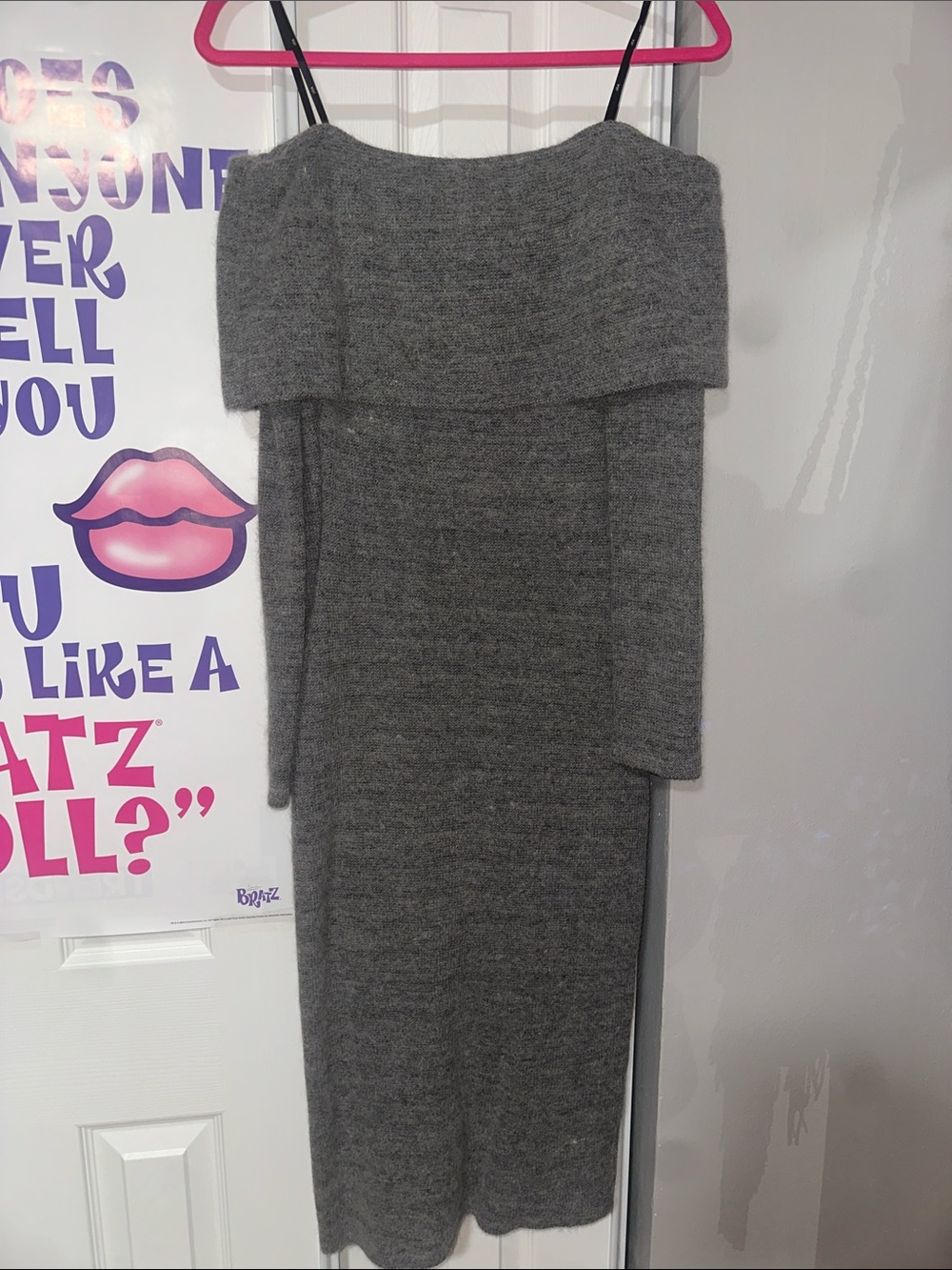 J.O.A. Gray Off-Shoulder Knit Crewneck Sweater Dress